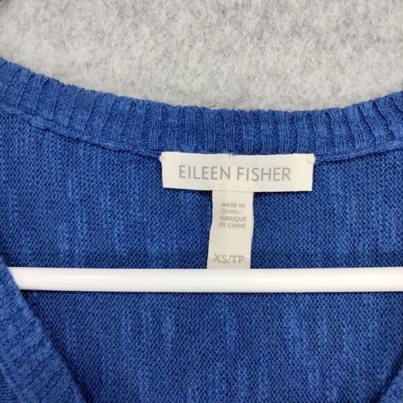 Eileen Fisher Pullover Sweater Wmns XS Oversize Linen Blue Shark Bite Hem V-Neck - Picture 7 of 12